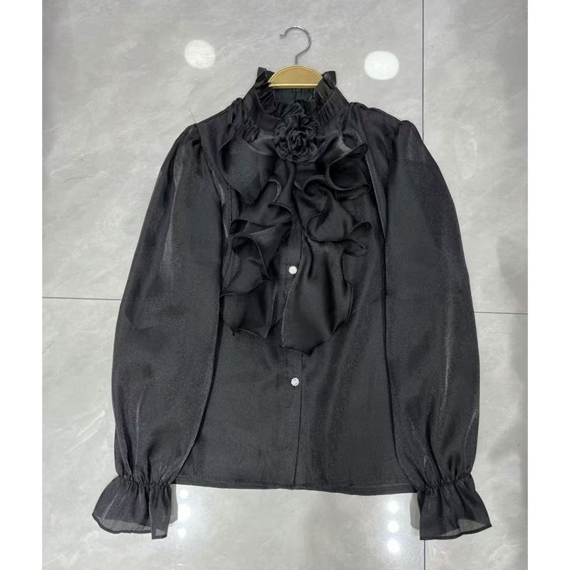 Κομψή γυναικεία μπλούζα με μανίκια και γιακά με όρθιο γιακά - Λευκό τοπ με βολάν, ανοιχτόχρωμο πολυτελές στυλ παλατιού, φθινοπωρινή μόδα_voghion.com