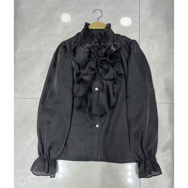 Κομψή γυναικεία μπλούζα με μανίκια και γιακά με όρθιο γιακά - Λευκό τοπ με βολάν, ανοιχτόχρωμο πολυτελές στυλ παλατιού, φθινοπωρινή μόδα_voghion.com