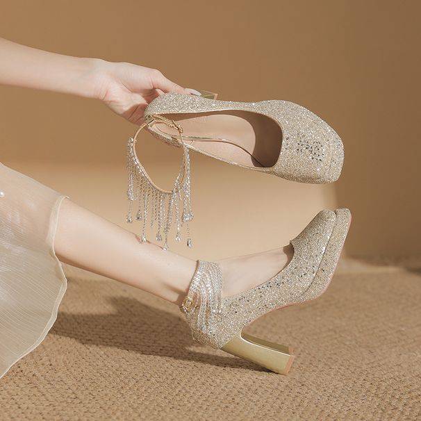 992-Z74 Square Toe, Thick Heel, Waterproof Platform, Versatile High Heels, Black, Delicate, Sparkling, Beautiful, Non_voghion.com