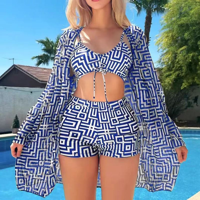 Nouveau maillot de bain deux pièces pour femme avec haut froncé et short de bain taille haute, ensemble trois pièces_voghion.com