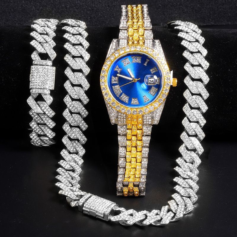 Set di gioielli da uomo Hip Hop, orologio al quarzo con calendario, bracciale in lega e collana con accenti di zirconia cubica_voghion.com