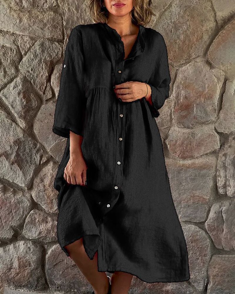 Vestito midi da donna in cotone e lino, casual, di grandi dimensioni, con bottoni, tinta unita, commercio estero all'ingrosso_voghion.com