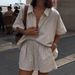 Women's Clothing Striped Short Sleeved Shirt And Shorts Suit Loose Single Breasted Top High Waist Shorts Two Piece Suit_voghion.com