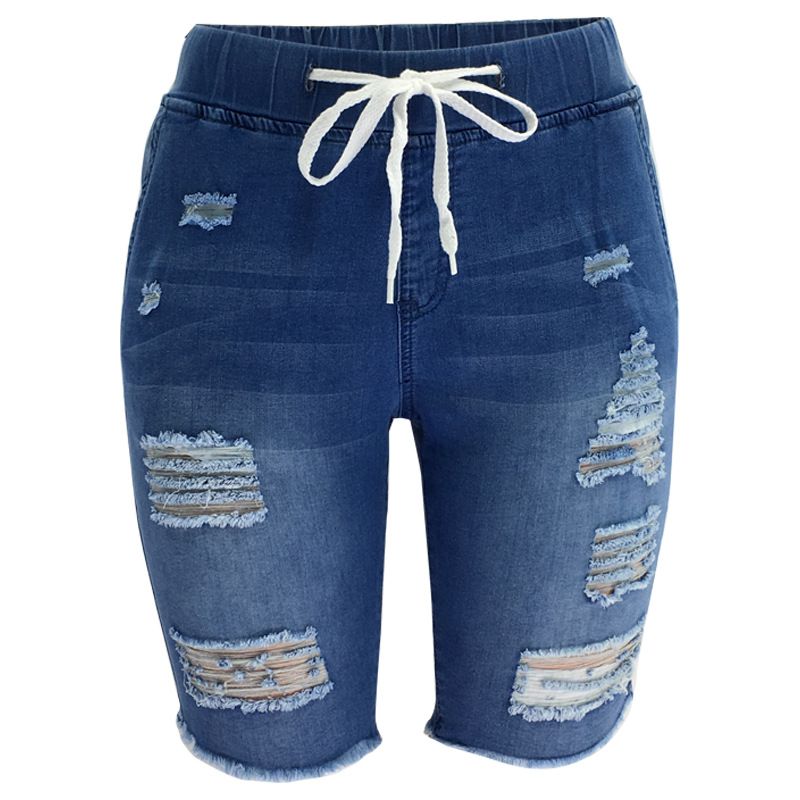 Vêtements pour femmes déchirés taille moyenne élastique haute élasticité moyennement délavés bleu jean shorts_voghion.com