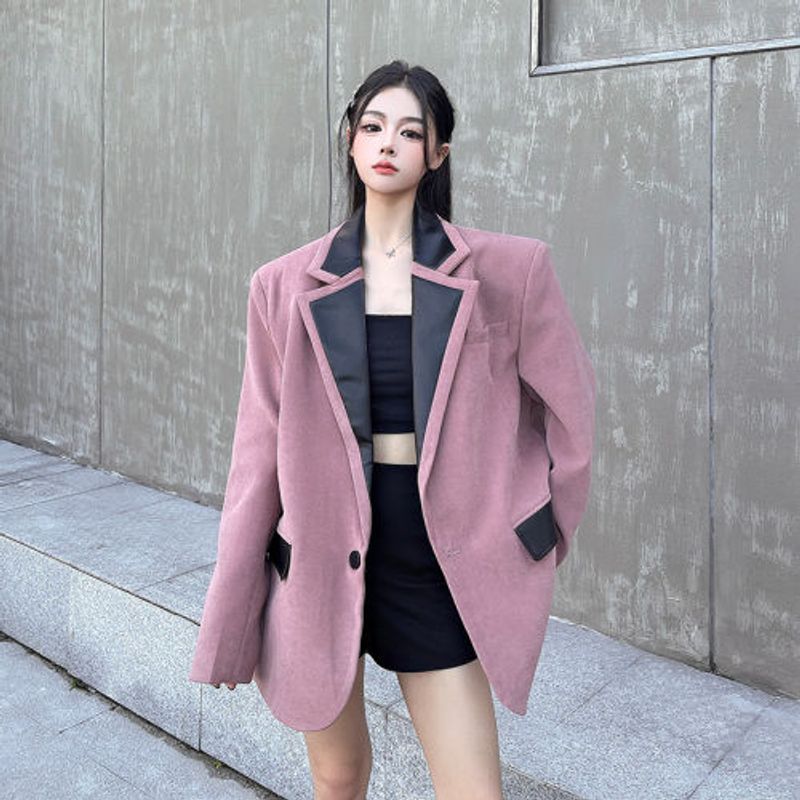2024 neue Herbst PU Leder Patchwork Design Gebürstet Casual Blazer Lose Fit Unisex Anzug Jacke Trendy_voghion.com
