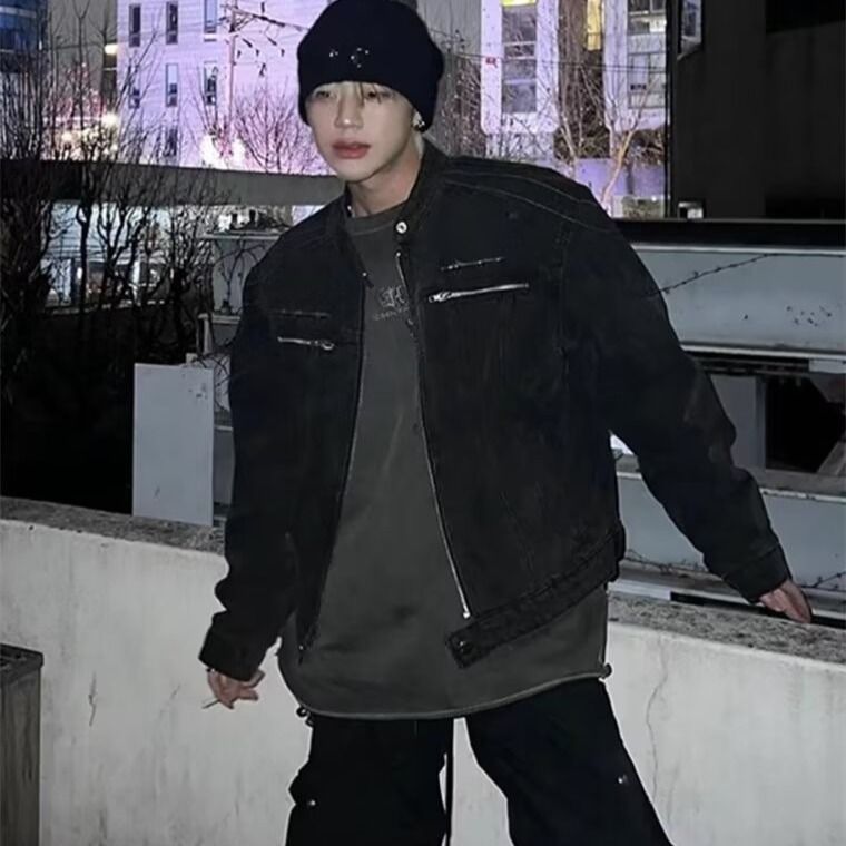 Roupas masculinas retrô desgastadas, jeans curto lavado, design de treinamento, jaqueta de ombro_voghion.com