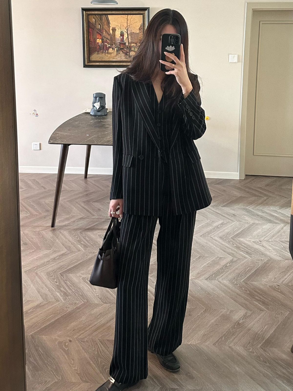 Conjunto de três peças feminino, estilo antigo, solto, preto, listrado, de alta inteligência, com colete, calças de perna larga_voghion.com