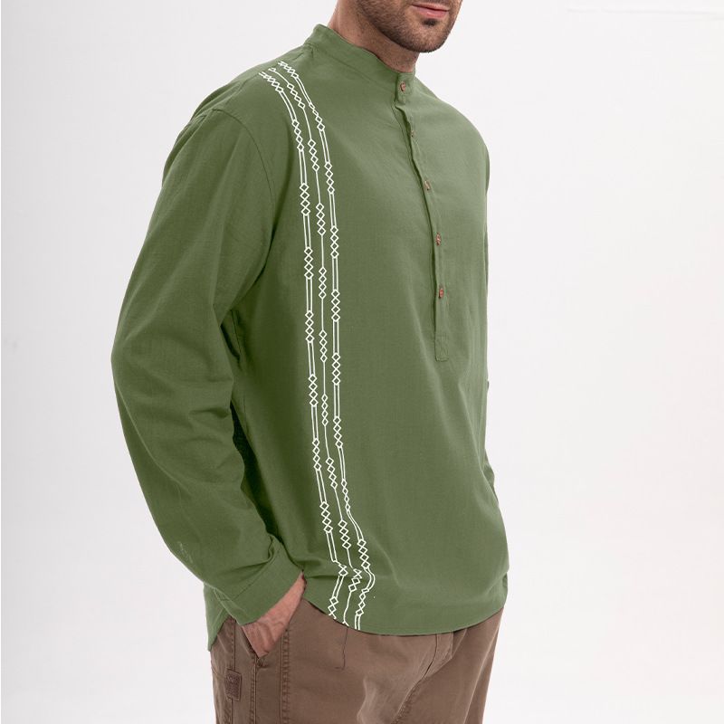 ​​Men's Cotton Linen Henley Shirt Long Sleeve Casual Printed Button-Up Shirt For Men, Slim Fit Breathable Lightweight Top For Spring & Fall​_voghion.com
