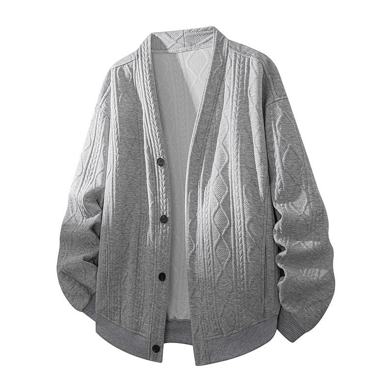 Übergroßer Zopfmuster-Cardigan – Pullover mit V-Ausschnitt und offener Vorderseite im Rautenmuster für Herren (Schwarz/Off-White/Grau, M-8XL)_voghion.com