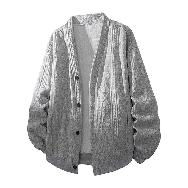 Übergroßer Zopfmuster-Cardigan – Pullover mit V-Ausschnitt und offener Vorderseite im Rautenmuster für Herren (Schwarz/Off-White/Grau, M-8XL)_voghion.com