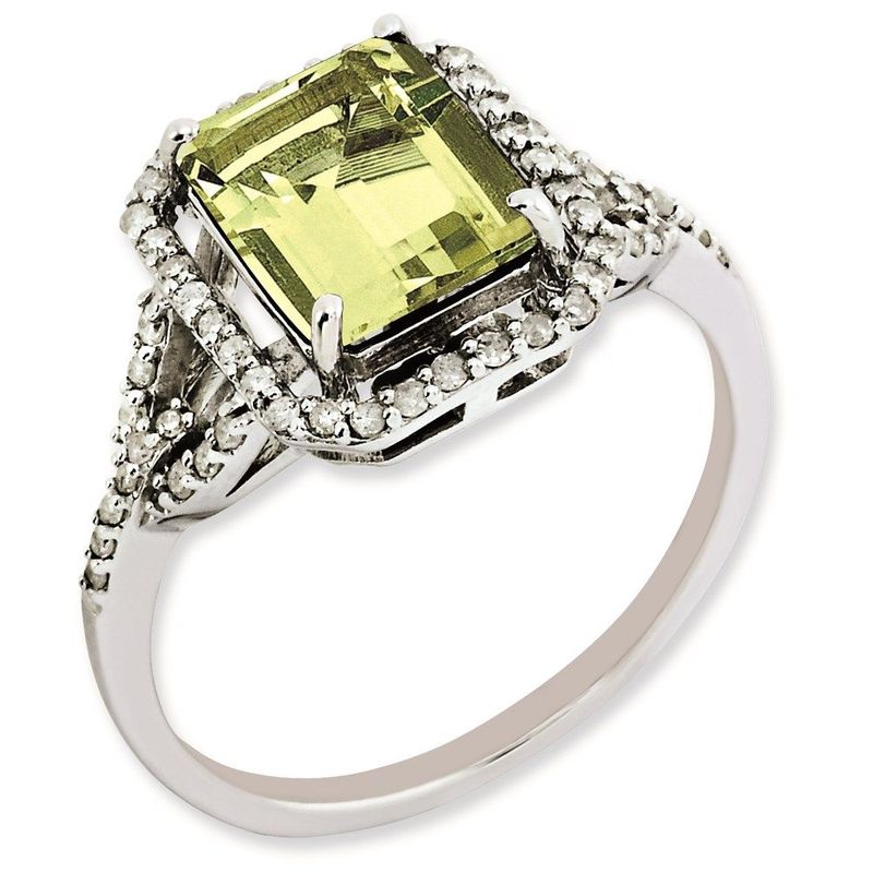Sterling Silver Rhodium-plated Octagonal Diamond & Lemon Quartz Ring_voghion.com