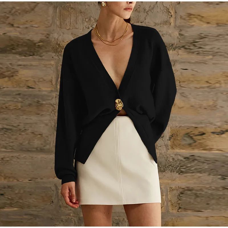 Damenbekleidung Pullover Temperament Elegante einfarbige Langarm-Strickjacke mit Knöpfen_voghion.com