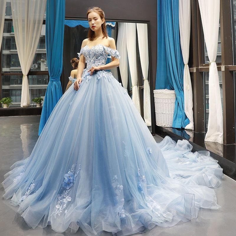 Banket Avondjurk Vrouwelijke Tube Top Gastheer Lange Puffy Rok Bruid Bruiloft Temperament High End Blauw Gekleurd Garen_voghion.com