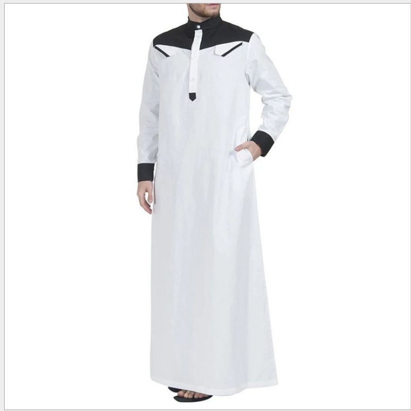 Men's Clothing Men's Loose Stitching Color Matching Stand Up Collar Long Sleeved Robe_voghion.com