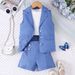 2024 summer new small and medium-sized children's pit stripe vest+collar sleeveless jacket+shorts girl suit set_voghion.com