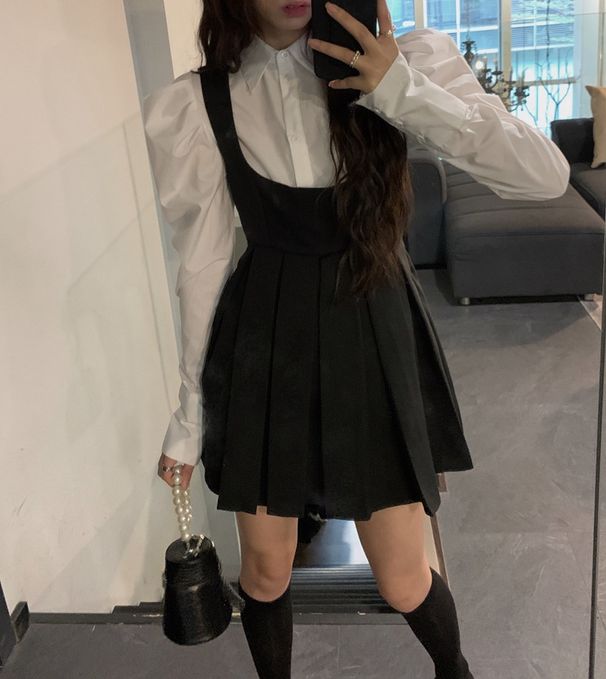 Spring And Autumn New Retro Puff Sleeve White Shirt + Pleated Waist Suspender Skirt Small School Style Suit_voghion.com
