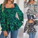 2025 Herbst Winter Casual Rüschen Square Neck Leopard Print Langarm Chiffon Bluse Damenmode_voghion.com
