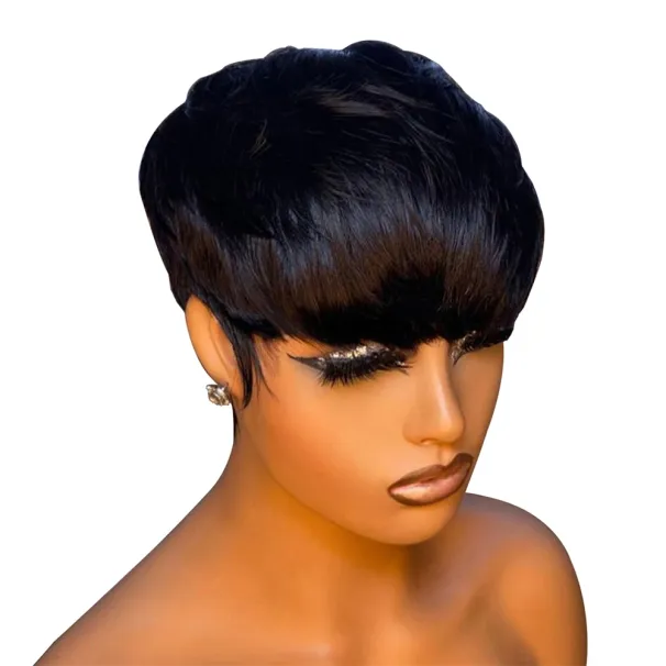 Parrucca corta e liscia per capelli umani Pixie Cut Remy Hair Parrucche per capelli umani con frangia Parrucca_voghion.com