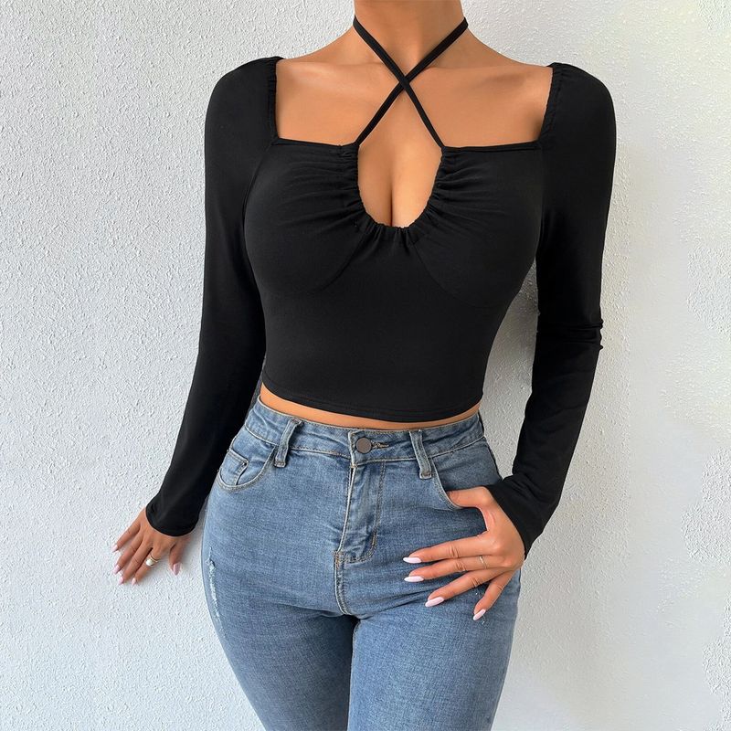 Sexy, eng anliegendes, kurzärmliges T-Shirt mit Hohlbindung für Damen_voghion.com