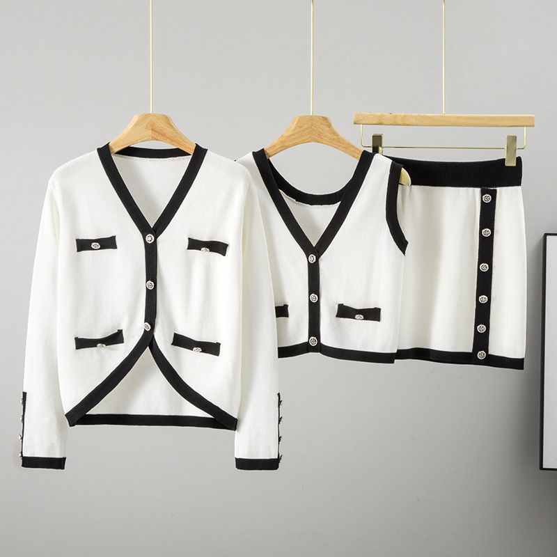 Women's Clothing Elegant Short Knit Cardigan Set With Pleated Skirt - Retro Audrey Hepburn Style, Long Sleeve, Striped/Checkered, Pink/Blue/White_voghion.com