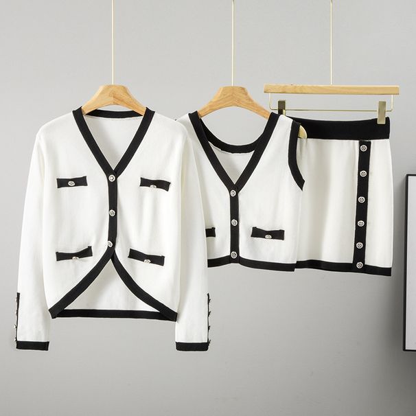 Women's Clothing Elegant Short Knit Cardigan Set With Pleated Skirt - Retro Audrey Hepburn Style, Long Sleeve, Striped/Checkered, Pink/Blue/White_voghion.com