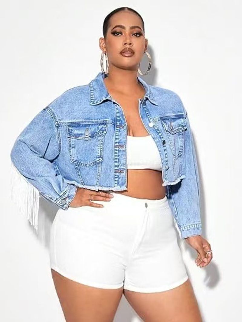 Plus Size Denim Jacket Women's Fashion Winter Boho Fringe Embellished Long Sleeve Casual Streetwear Coat_voghion.com