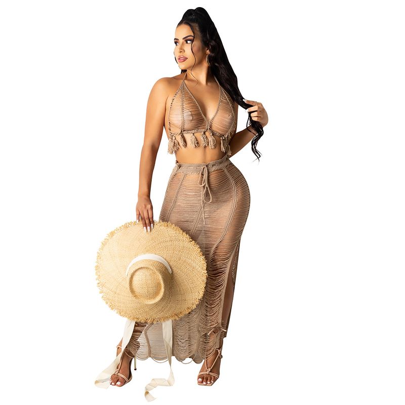 Women's Clothing Women's Sexy Hollow Tassel Knitted Beach Skirt Suit_voghion.com