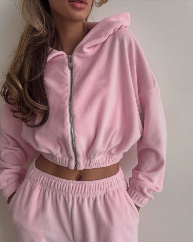 2025 İlkbahar ve Sonbahar Yeni Kadın Modası Rahat Bol Kapüşonlu Dik Yaka Sweatshirt İki Parçalı Takım Dayanıklı Elbise_voghion.com