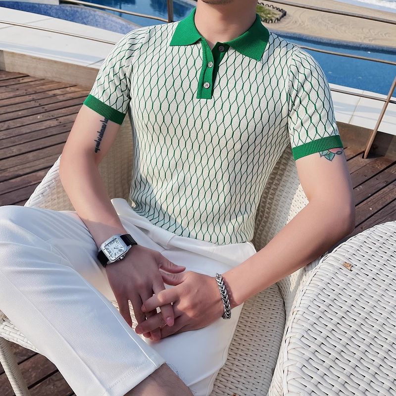 Abbigliamento da uomo Estate sottile stile sottile di fascia alta lavorato a maglia fresco risvolto bella maglietta polo in seta ghiaccio colore a contrasto manica corta da uomo_voghion.com