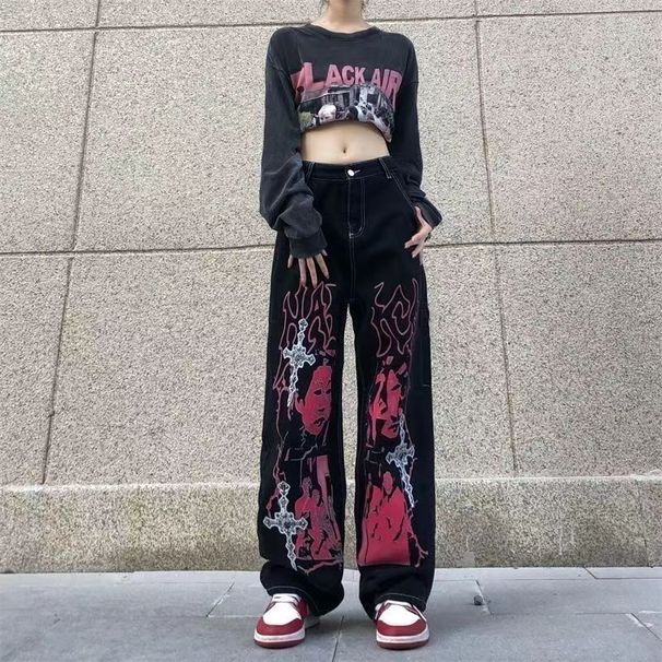 Hip Hop Dark Figure Print Lose Gerade Gewaschene Mode Jeans Casual Hosen_voghion.com