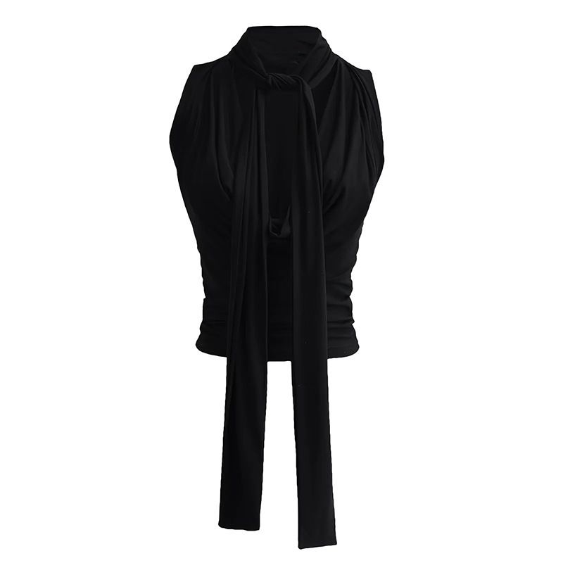 Women's Clothing sway collar sleeveless top new temperament pleated lace up design slim fit T shirt _voghion.com
