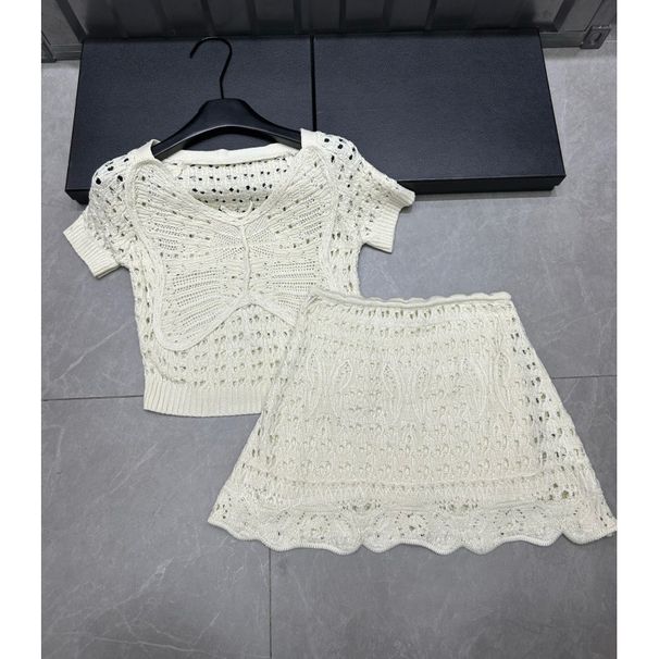 High-Quality 25-Year Summer New Dijia Butterfly Hollow Short-Sleeve Pullover + Knitted Half-Skirt Women's Two-Piece Set_voghion.com