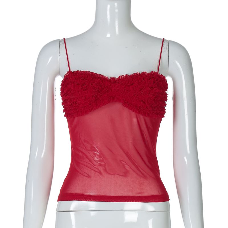 Shemoda Sexy Hot Girl Canotta da donna con spalline sottili in rete semitrasparente e patchwork, versatile e aderente_voghion.com