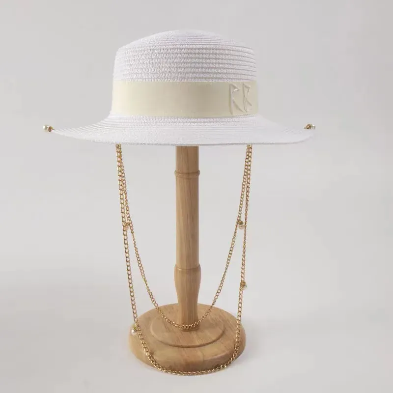Chapeau Fedora à double chaîne pour femme, chapeau de paille à la mode, nouvelle collection été 2024_voghion.com