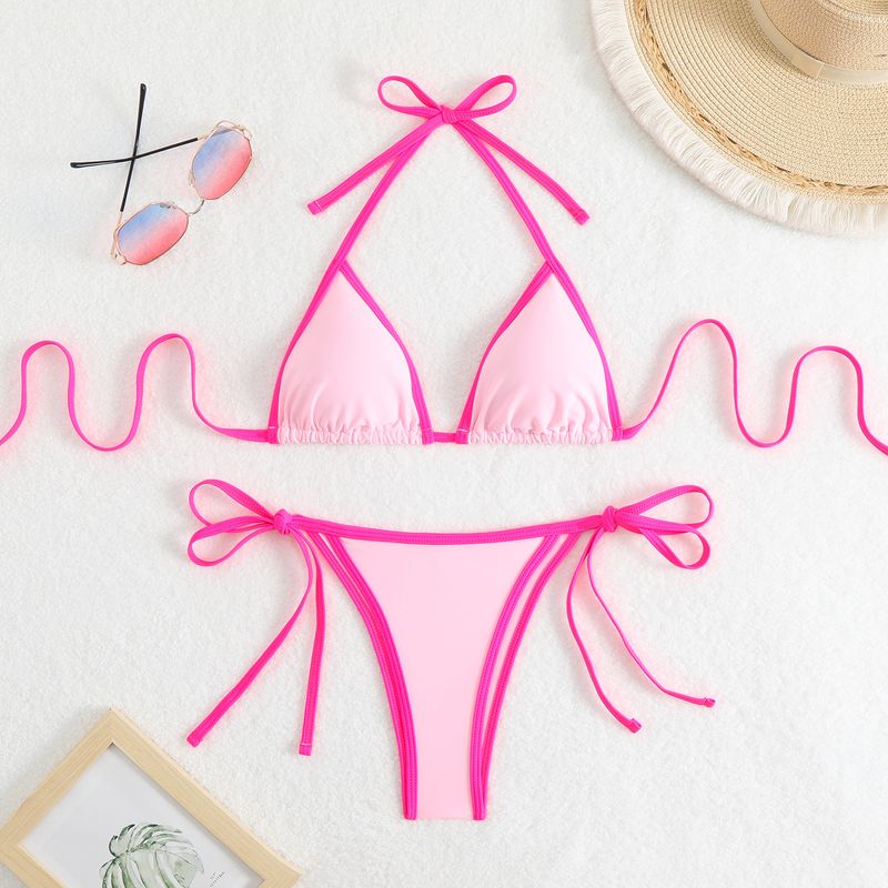 2025 neuer, fester zweiteiliger sexy Dreieck-Farbblock-Bikini mit Krawatte für den Strand und heiße Quellen_voghion.com