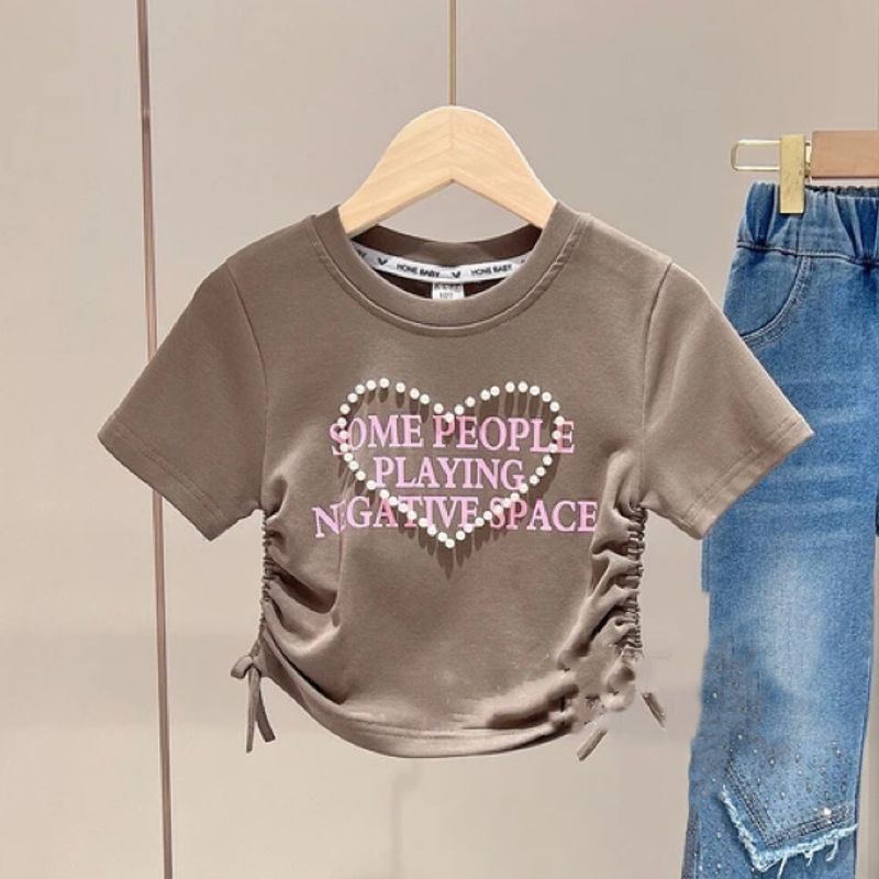 Girl's Summer Fashion Set - Beaded Love Print Top & Flared Jeans With Side Drawstring, Trendy Kids' Outfit For Hot Weather_voghion.com