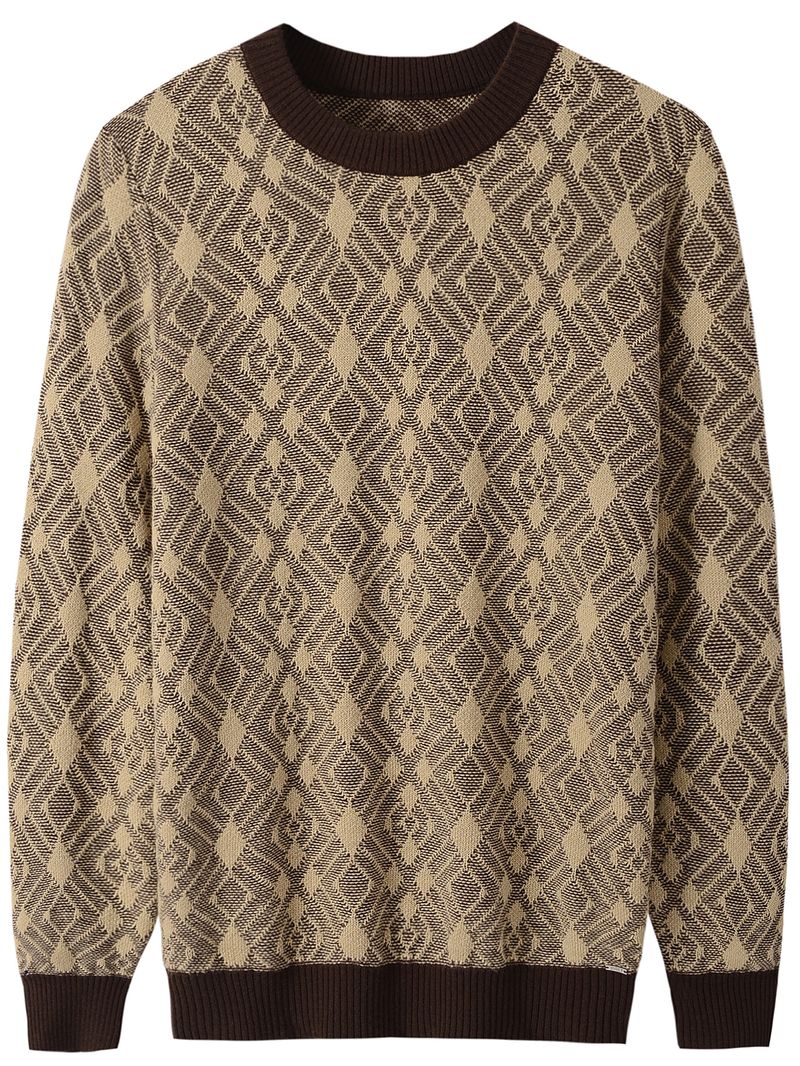 Men's Diamond Square Pattern Sweater Long Sleeved Knitted Sweater_voghion.com