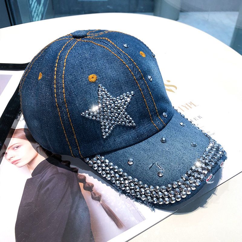 Heißer Verkauf Glänzenden Strass Frauen Baseball-Mütze Punk Pentagramm Stern Schirmmütze Hip Hop Entenzunge Caps Blau Farbe Denim Entenschnabel_voghion.com