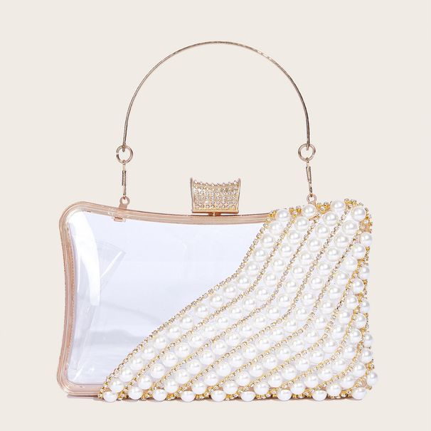 Transparent Rhinestone Decorated Women's Handheld Small Square Pearl Clutch Evening Bag Special Offer_voghion.com