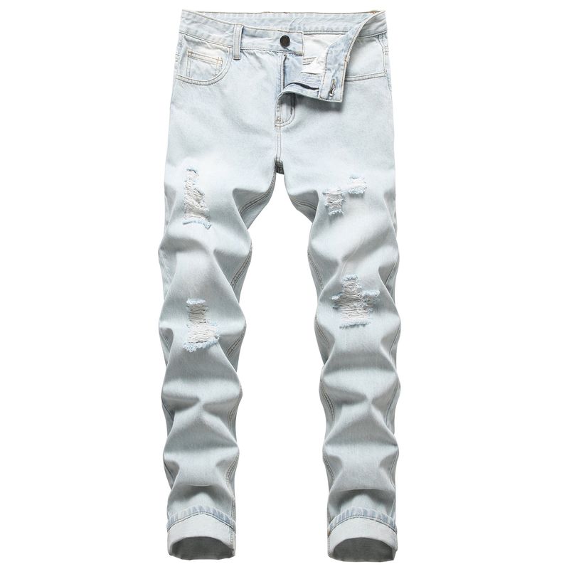 Jeans strappati slim fit dritti da uomo Pantaloni da uomo blu bianco chiaro_voghion.com