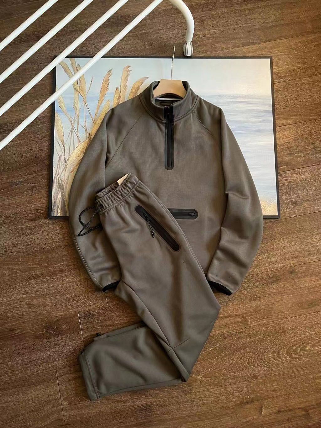 Herrenbekleidung Herren Loose Sports Stehkragen Pullover Half Zip Sweatshirt und Jogginghose Set 998=312_voghion.com