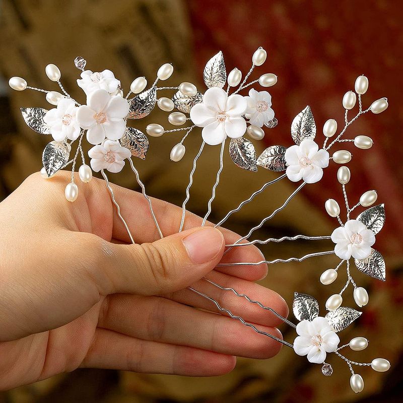 Gioielli da donna fornitura esclusiva di un set di 5 forcine per capelli in argilla morbida con fiori bianchi e cristalli rosa, copricapo a forma di U_voghion.com