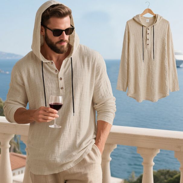 Men's Linen-Blend Hooded Shirt – Lightweight & Breathable Long Sleeve Beach Shirt (Black/Grey/Army Green, Loose Fit, Machine Washable)_voghion.com