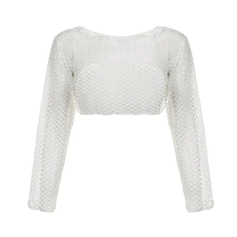 CIBBAR Allentato Scava Fuori I Fori Crop Top Streetwear Y2k Solido Manica Piena A Rete Crop Top Grembiule Donna Casual Coreano221_voghion.com