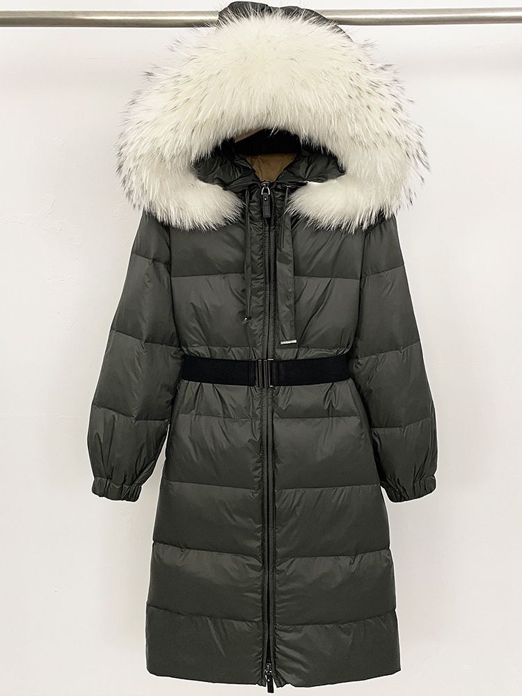 Cappotto di lusso in piumino d'anatra bianco con cintura in vita e finiture in pelliccia di volpe, parka invernale lungo con cappuccio per donna_voghion.com