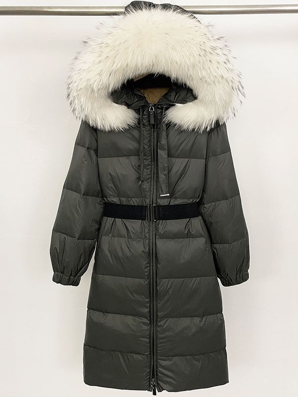 Cappotto di lusso in piumino d'anatra bianco con cintura in vita e finiture in pelliccia di volpe, parka invernale lungo con cappuccio per donna_voghion.com