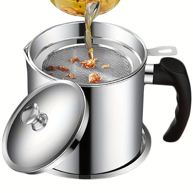 1pc Home Kitchen Container With Strainer Easy To Holding When Need Stainless Steel Made For Storage Cooking Oil And Grease 1.8L / 60 Oz_voghion.com