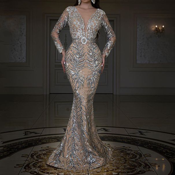 Mermaid V Necequins Fir Fraen Elegant Formell Party Maxi Long Prom Kleed Owend Kleed_voghion.com