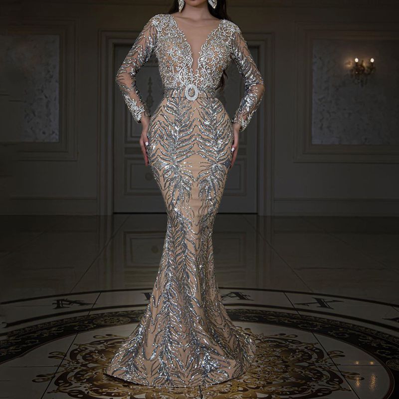 Sirenă V Necequins Pentru Femei Elegant Formal Party Maxi Lunga Bal De Bal Rochie De Seara_voghion.com
