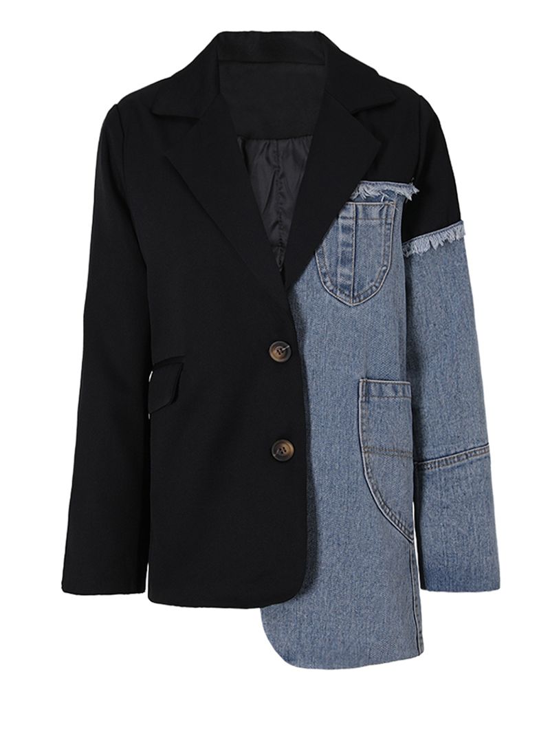 [EAM] femmes bleu Denim irrégulière jolie pochette nouveau revers à manches longues coupe ample veste mode marée printemps automne 2023_voghion.com